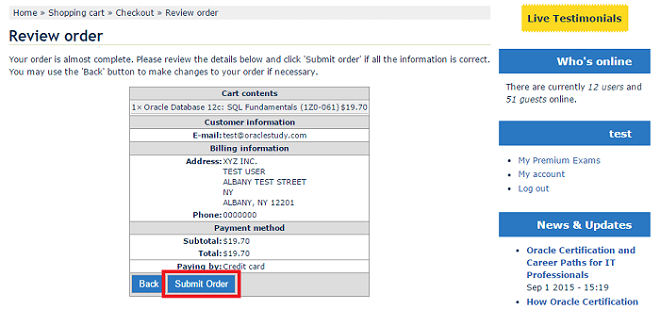 Help - OracleStudy Review Order Page