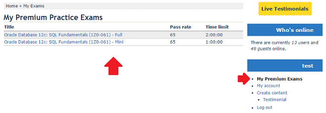 Help - OracleStudy My Premium Practice Exams Page