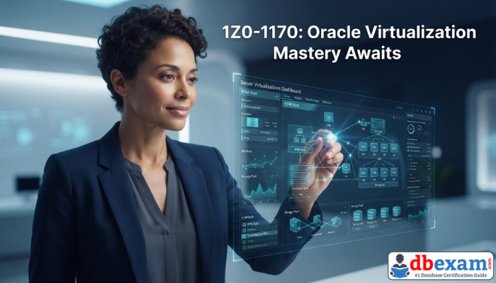 An IT professional, a woman, is interacting with a futuristic, holographic dashboard visualizing Oracle Linux Virtualization Manager (OLVM) components, representing expertise in the 1Z0-1170 certification. The scene is modern and reflects mastery of virtualization.