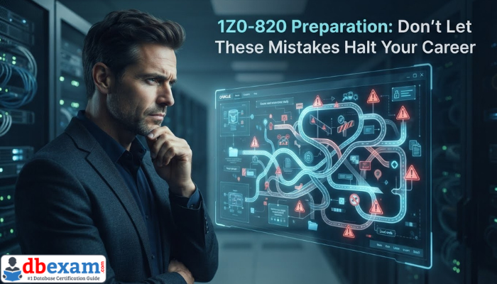 A professional man examines complex, intersecting digital paths with warning signs in a server room, symbolizing critical study decisions for the Oracle 1Z0-820 exam preparation. His face shows concern about avoiding common mistakes.