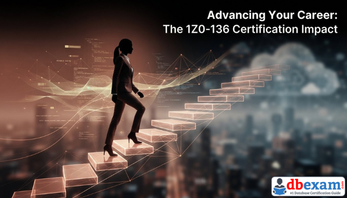 A professional silhouette climbing an abstract staircase towards a cityscape, symbolizing career advancement and new opportunities unlocked by the Oracle 1Z0-136 certification.