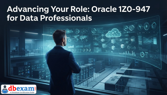 An adult man overlooks a complex data visualization, signifying strategic role advancement for data professionals with the Oracle 1Z0-947 certification.