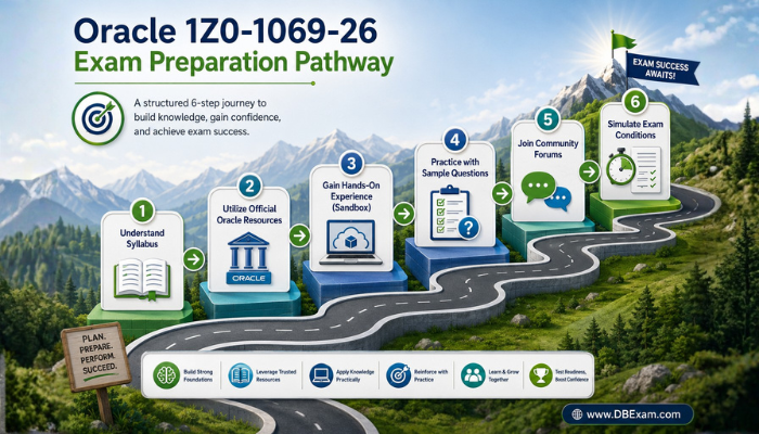 Infographic illustrating a multi-stage preparation pathway for the Oracle 1Z0-1069-26 exam, highlighting steps like understanding the syllabus, hands-on practice, and using sample questions.