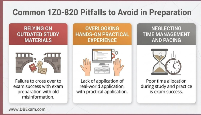 An infographic illustrating common pitfalls in Oracle 1Z0-820 exam preparation, such as using outdated materials, skipping hands-on practice, and poor time management.