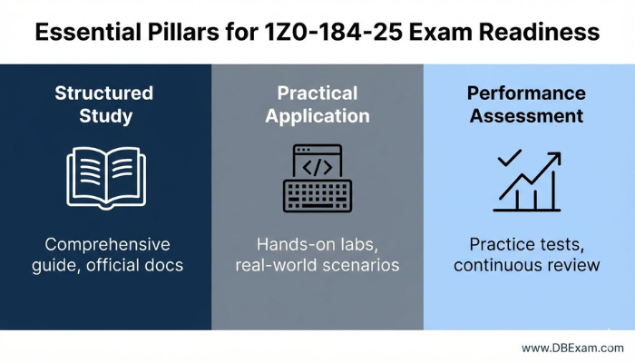 Infographic detailing the essential pillars for Oracle 1Z0-184-25 exam readiness: structured study, practical application, and performance assessment.