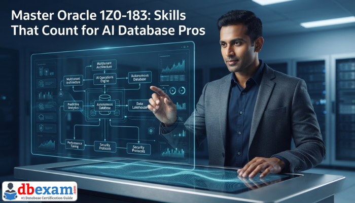 An adult man, an Oracle DBA, confidently reviews a complex AI database architecture diagram on a transparent screen, symbolizing mastery of 1Z0-183 skills in a modern data center. The scene highlights the strategic application of Oracle AI database administration expertise.