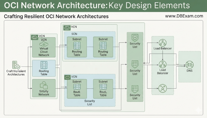 Conceptual infographic illustrating key design elements for resilient Oracle Cloud Infrastructure (OCI) network architectures, including VCNs, subnets, and application service integration.