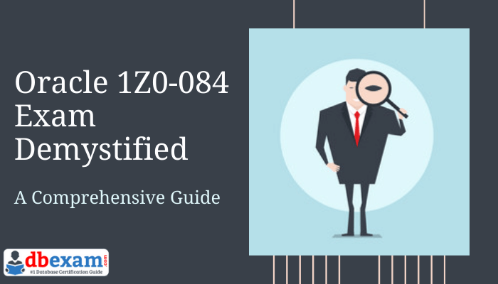 The person holding a magnifying glass symbolizes the database performance investigation for the Oracle 1Z0-084 exam.