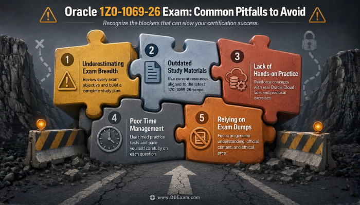Infographic illustrating common pitfalls in Oracle 1Z0-1069-26 exam preparation, such as underestimating breadth and lack of hands-on practice, using a puzzle or barrier metaphor.