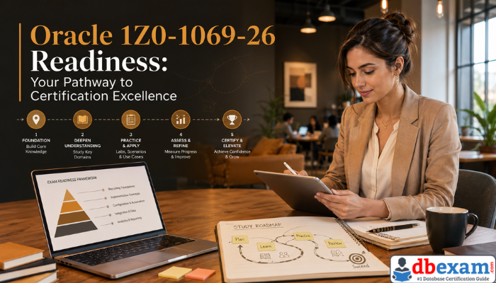 A female professional actively plans her Oracle 1Z0-1069-26 certification journey on a tablet in a modern co-working space, with study materials and a roadmap visible.