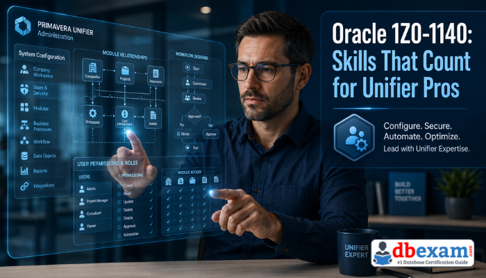 A professional man interacting with a holographic display showing Primavera Unifier system configurations, symbolizing the advanced skills validated by the Oracle 1Z0-1140 certification. He demonstrates focused administration expertise.