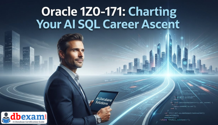 An adult man stands on a rising path, looking towards a futuristic city with data streams, symbolizing a career ascent with Oracle 1Z0-171 certification. The path represents progress in AI database SQL.