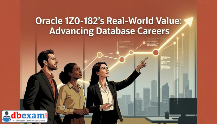 A group of professionals looking at an abstract, glowing career path in a modern office, symbolizing career advancement and the real-world value of Oracle 1Z0-182 certification.