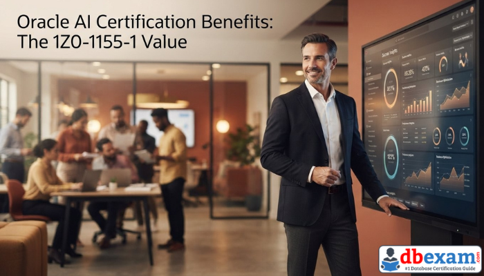 A confident adult man in a modern office, standing by a digital display showing AI-driven insights, symbolizing career advancement and benefits of the Oracle 1Z0-1155-1 certification.