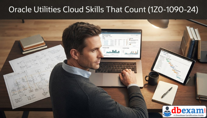 A man working at a organized desk on an Oracle Utilities interface, surrounded by project blueprints, illustrating the practical skills validated by the Oracle 1Z0-1090-24 certification.