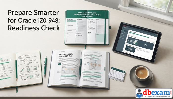 A top-down view of a neatly organized study desk with a planner, textbook, and tablet, representing smart preparation for the Oracle 1Z0-948 certification.
