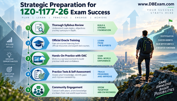 An infographic detailing the strategic preparation pillars for the Oracle 1Z0-1177-26 exam, including syllabus review, official training, hands-on practice, and practice tests.