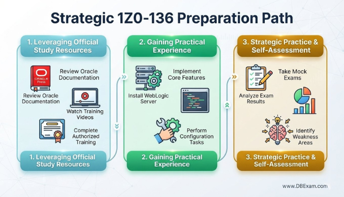 Infographic detailing a strategic preparation path for the Oracle 1Z0-136 exam, outlining steps like leveraging study resources, gaining practical experience, and strategic practice.