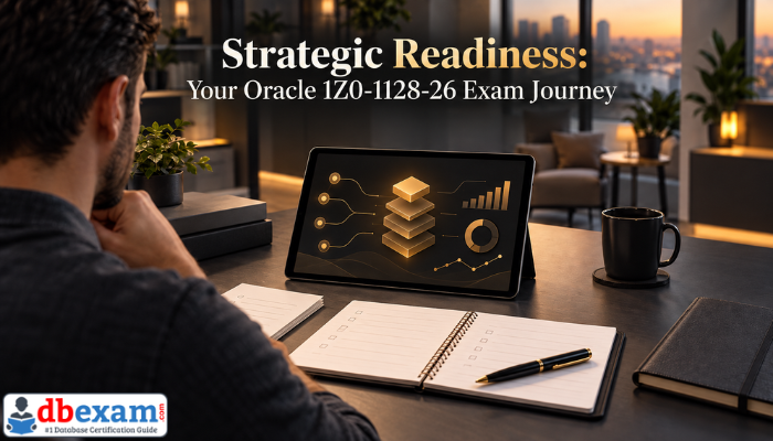 An adult man engaged in strategic study, reviewing diagrams on a tablet at a modern desk, symbolizing focused preparation for the Oracle 1Z0-1128-26 exam.