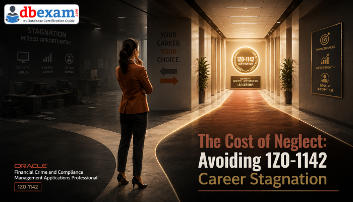 A woman standing at a crossroads in an office, symbolizing the career choice between pursuing the Oracle 1Z0-1142 certification (bright path) and facing stagnation (dim path).