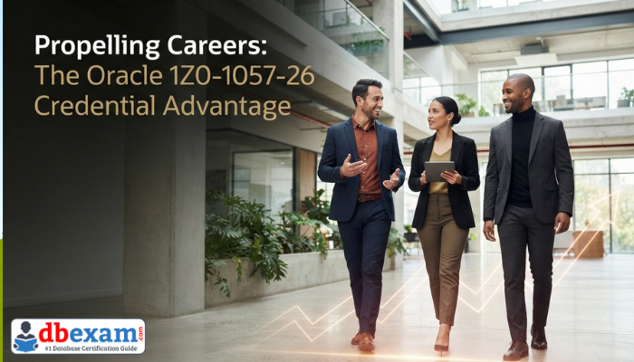 Three professionals confidently walk in a modern office, symbolizing career growth and collaboration, highlighting the value of Oracle Project Management Cloud 2026 Implementation Professional certification.