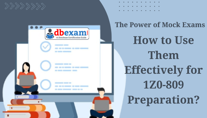 Graphic depicting students using a computer and books to study for the 1Z0-809 exam with DBExam's online resources.