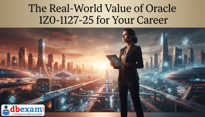 A professional adult woman stands confidently before a futuristic city skyline at dawn, symbolizing career progression and the real-world value of obtaining the Oracle 1Z0-1127-25 certification.
