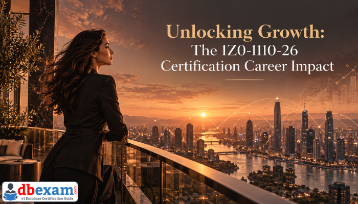 An adult woman looking at a city skyline with abstract data overlays, symbolizing career growth and future opportunities enhanced by the Oracle 1Z0-1110-26 certification in data science. The image conveys professional aspiration.