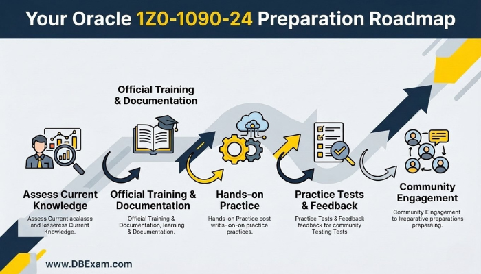 An infographic depicting a roadmap for Oracle 1Z0-1090-24 exam preparation, outlining key steps like official training, hands-on practice, practice tests, and community engagement for success.