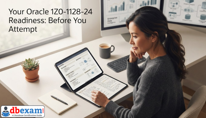 An adult woman reviewing study materials and a digital planner on a clean desk, representing strategic preparation and readiness for the Oracle 1Z0-1128-24 certification exam.