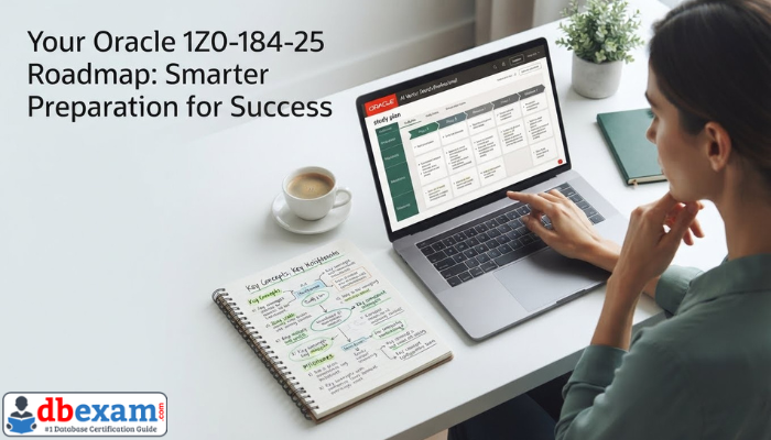 A professional’s desk with a laptop and notebook, depicting a study roadmap for the Oracle 1Z0-184-25 exam.