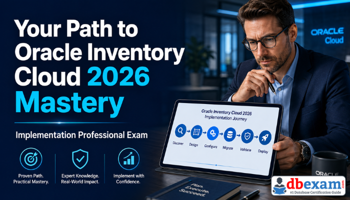 A focused professional man reviewing a digital workflow for the Oracle Inventory Cloud 2026 Implementation Professional exam. The image conveys dedication to certification preparation.